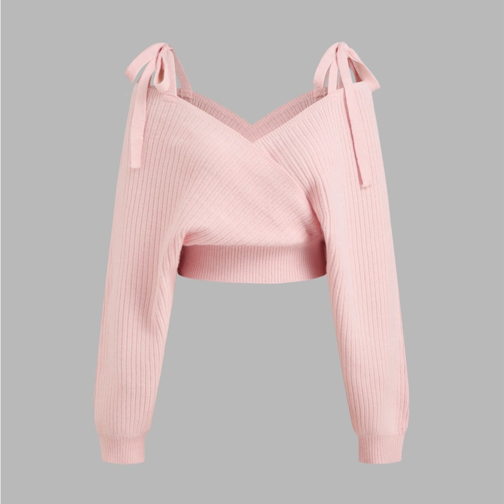 CIDER KNIT V-NECK BOW WRAP OVERSIZED CROP SWEATER